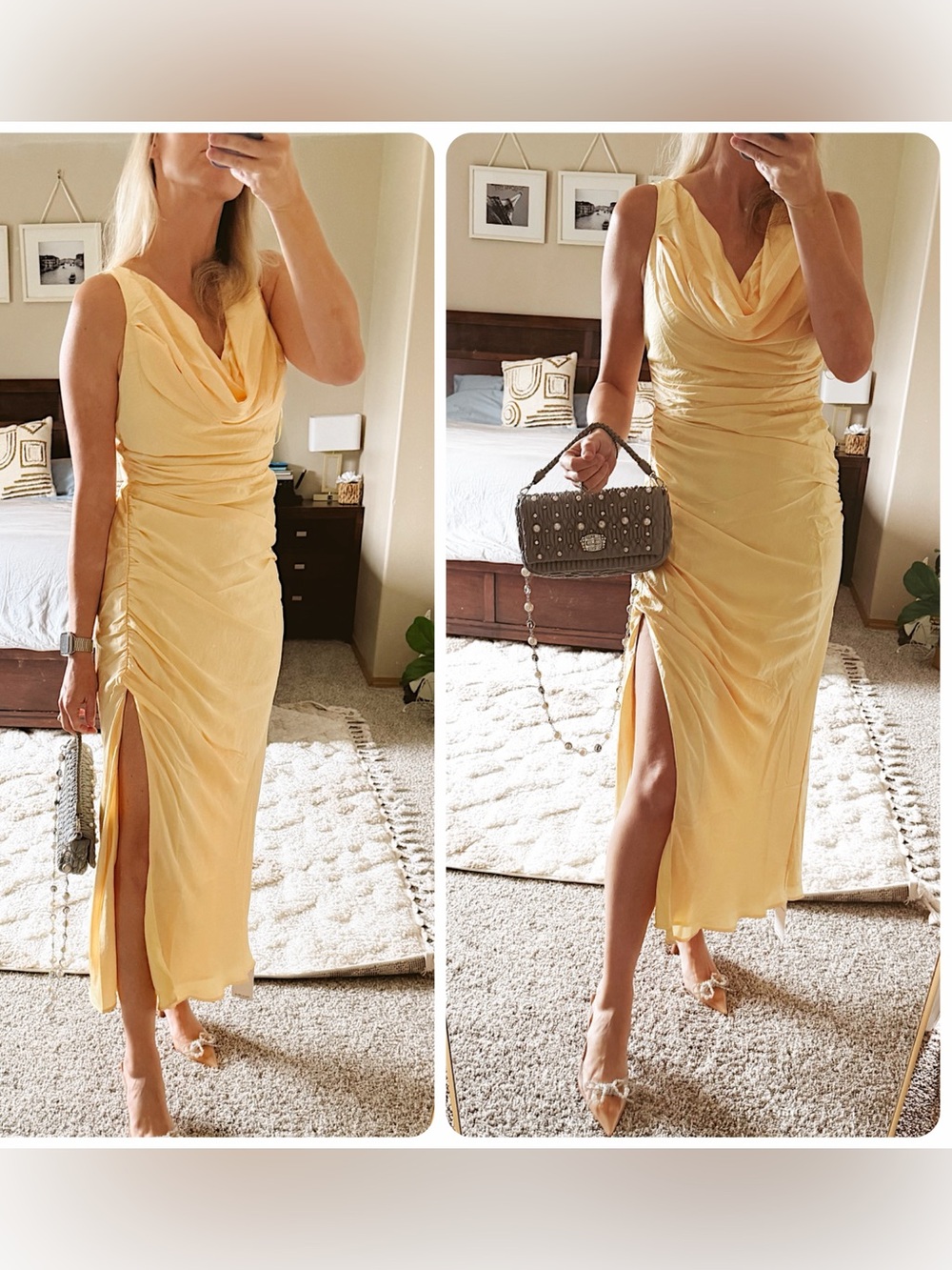 NWT Abercrombie & Fitch Cowl Neck Draped Maxi Dress Satin Sunny Yellow S - Picture 3 of 9
